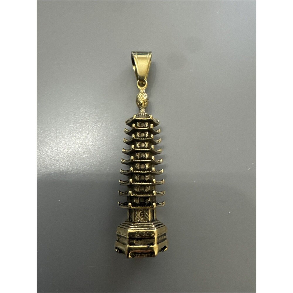 Nine-Tier Pagoda Pendant Gold Plated Stainless Steel 24” Chain Buddhist Tower